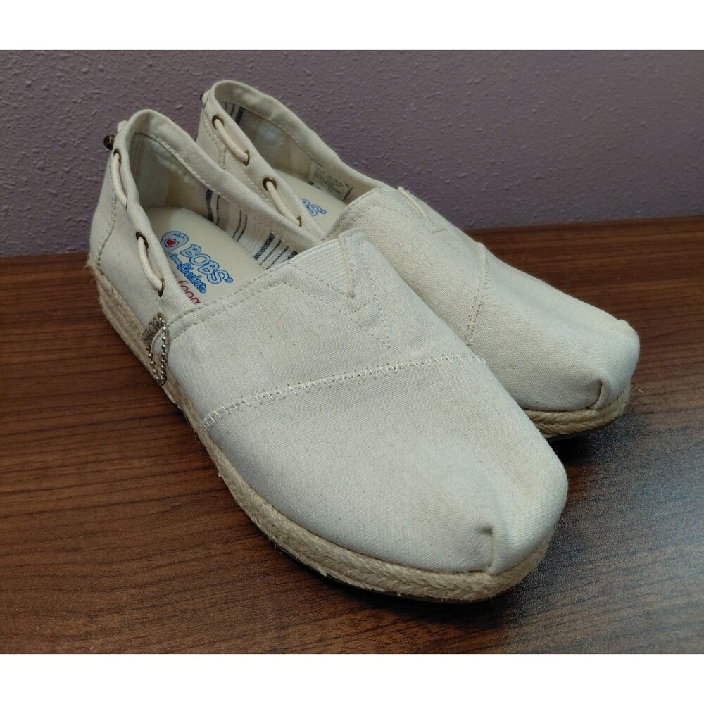 BOBS from Skechers Espadrille Wedge Women 9 Taupe Memory Foam Slip On Canvas